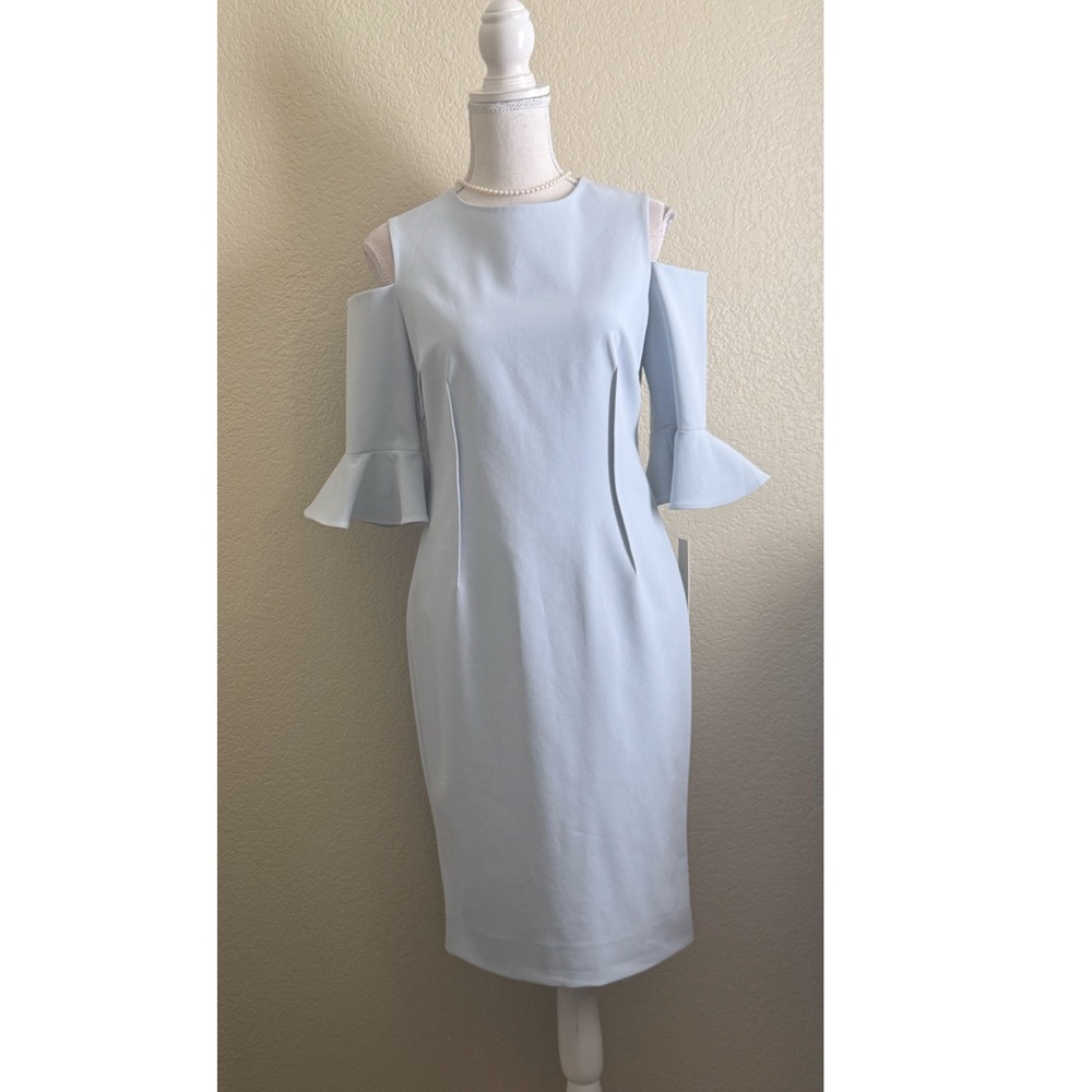 Teri Jon by Rickie Freeman Cold Shoulder Sheath Dress in Ice Blue Size 6
